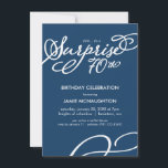 Invitación Sencilla y elegante sorpresa 70 cumpleaños<br><div class="desc">Esta moderna y elegante invitación a la fiesta de cumpleaños número 70 de 4.5" x 6.25" incluye las palabras "sorpresa 70" en letras blancas con un diseño giratorio coincidente en la esquina inferior derecha. Personalizar esta invitación de moda con el nombre e información fiesta y cualquier color de fondo de...</div>