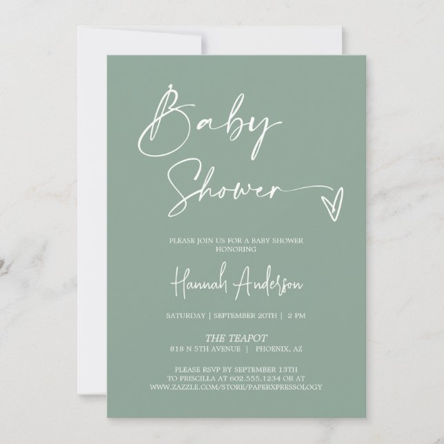 Invitación Sencilla y moderna Sage Verde Baby Shower QR Code  (Anverso)