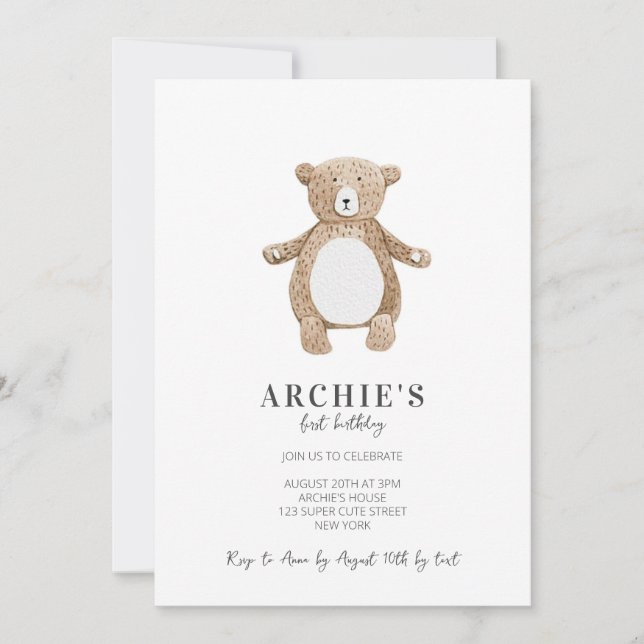 Invitación Sencilla y moderna Teddy Bear primera acuarela de  (Anverso)