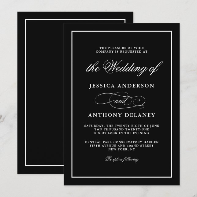 Invitación Sencillamente elegante asunto Boda blanco y negro (Anverso / Reverso)
