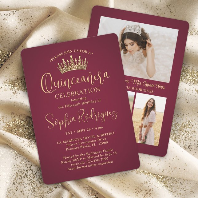Invitación Sencillamente Elegante Quinceañera 3 Foto Borgoña (Subido por el creador)