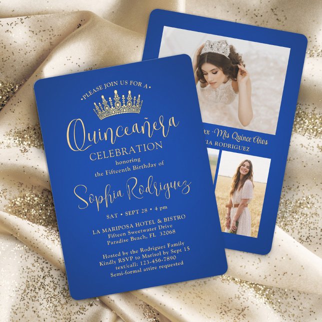 Invitación Sencillamente Elegante Quinceañera 3 Foto Oro Azul (Subido por el creador)