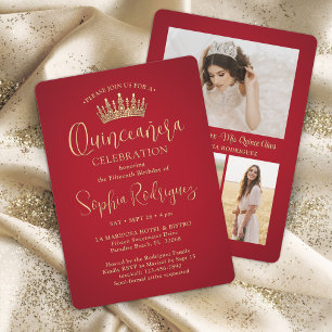 Invitación Sencillamente Elegante Quinceañera 3 Foto Rojo y O