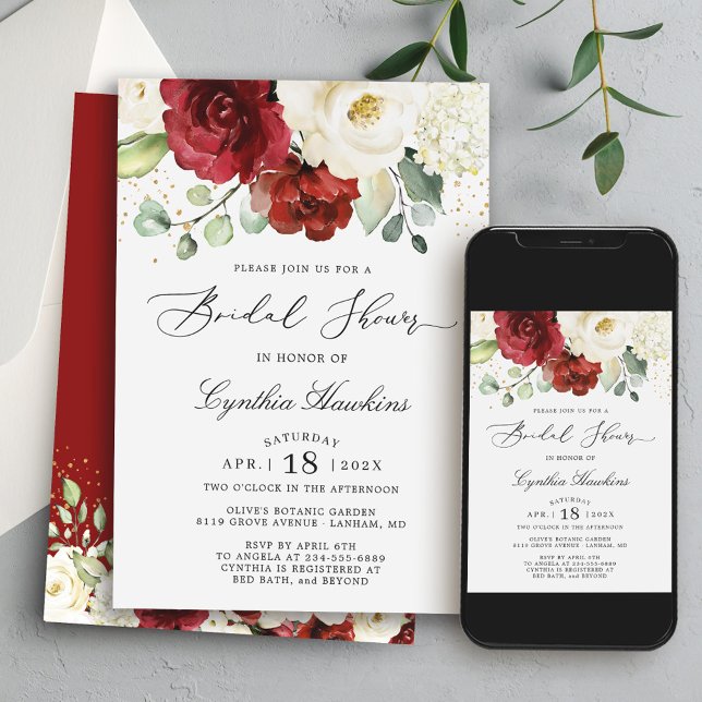 Invitación Sencillamente Graceful Red Floral Bridal Shower (Create a day of joy and love with this exquisite and customizable invitation!)