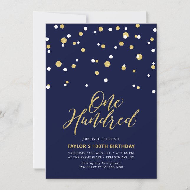 Invitación Sencillamente marina y oro Ciento cien años de fie (Anverso)