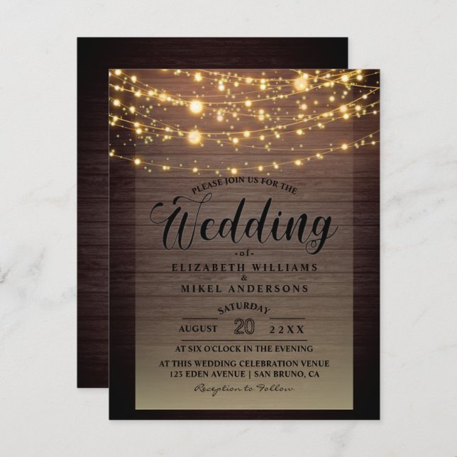 Invitación Sencillamente Rústica Madera Oscura Luces boda de  (Anverso / Reverso)