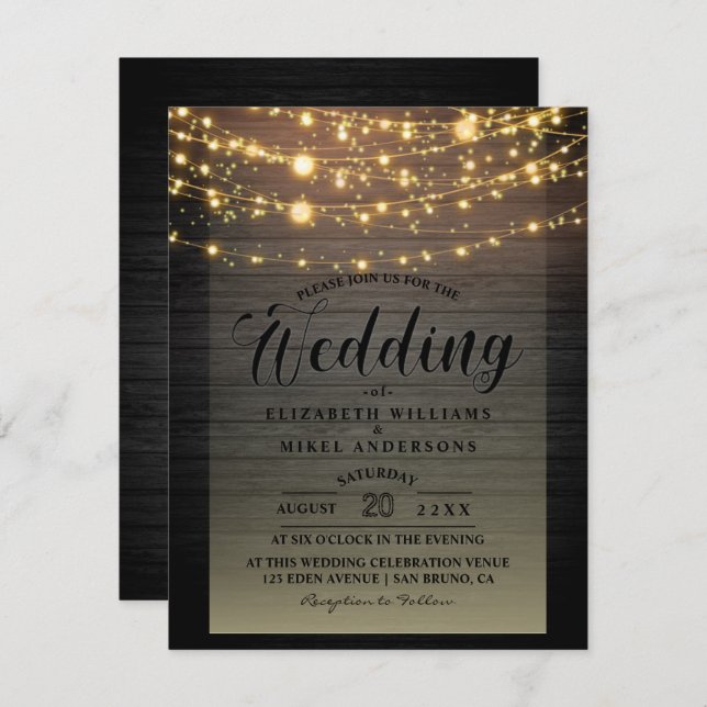 Invitación Sencillamente Rústica Madera Oscura Luces boda de  (Anverso / Reverso)