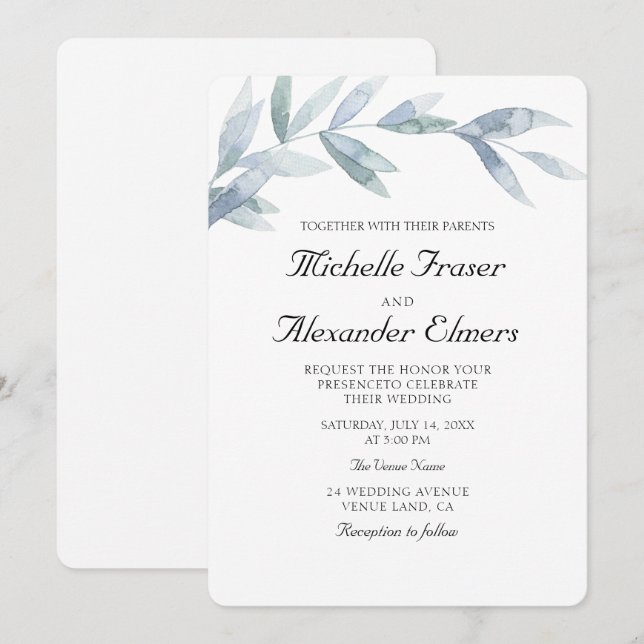 Invitación Sencillas hojas botánicas acuáticas Bodas elegante (Anverso / Reverso)