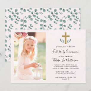 Invitación Sencillas hojas con la foto de la cruz de la comun