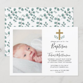 Invitación Sencillas hojas de eucalipto con foto de bautismo 