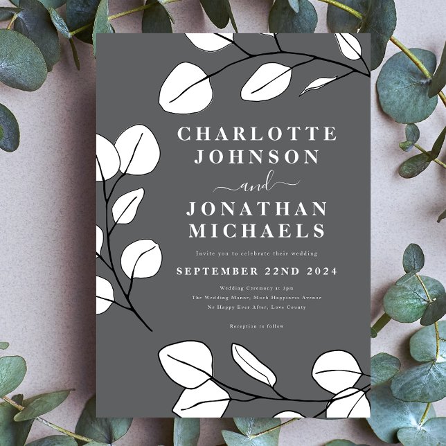 Invitación Sencillas hojas gris moderno (Simple leaves stylish modern gray black and white wedding invitation)