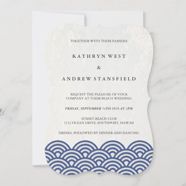 Invitación Sencillas olas modernas azul + blanca boda en la p (Anverso)