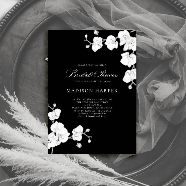 Invitación Sencillas orquídeas Black White Elegant 2 Bridal S (orchids bridal shower invitation black white art floral sketch modern classic formal elegant classic)