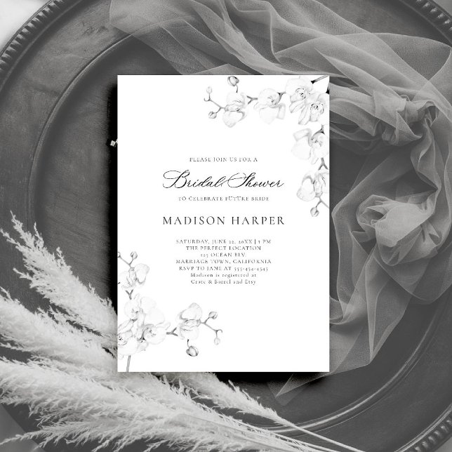 Invitación Sencillas orquídeas Black White Elegdal Shower (orchids bridal shower invitation black white art floral sketch modern classic formal elegant romance)