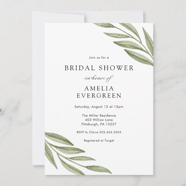Invitación Sencillas ramas de verde ducha de novia (Anverso)