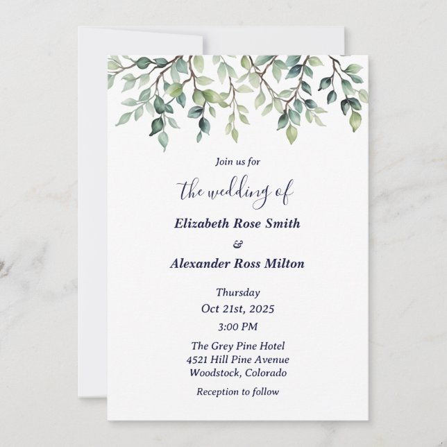 Invitación Sencillas ramas elegantes de hojas boda (Anverso)