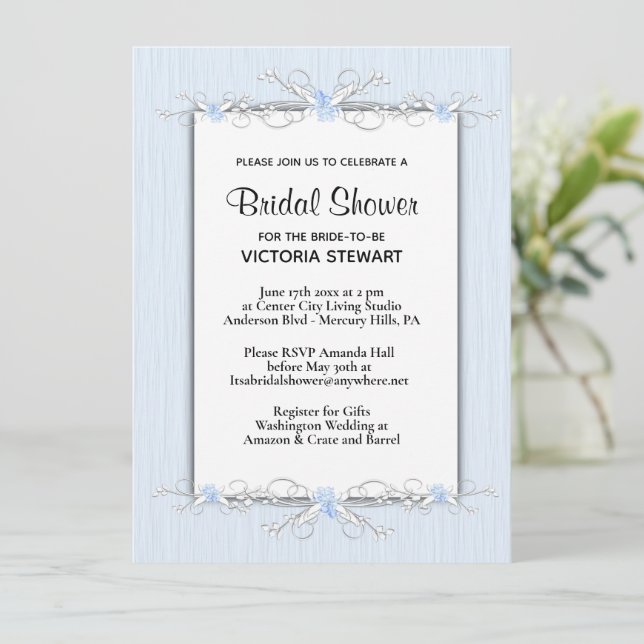 Invitación Sencillez azul ducha de novia (Anverso de pie)