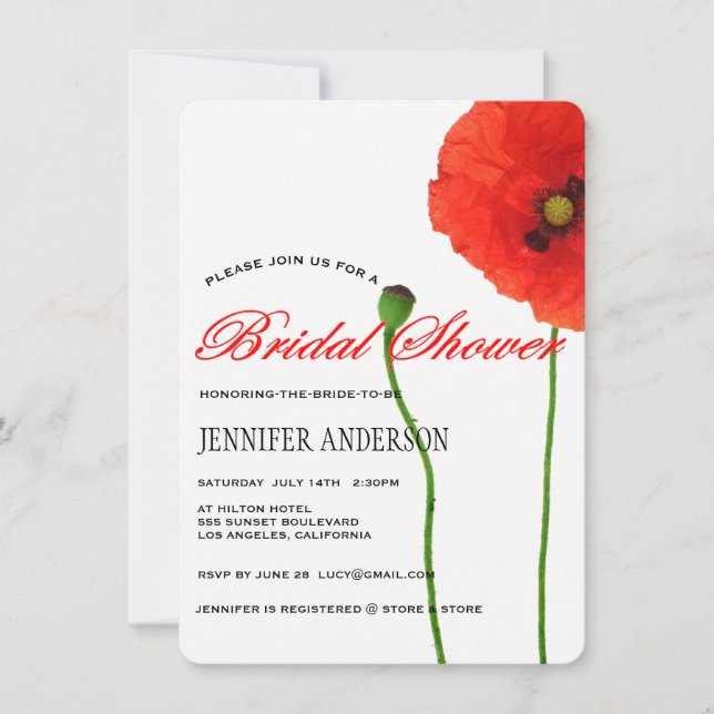 Invitación Sencillez floral de adormidera roja única ducha de (Anverso)