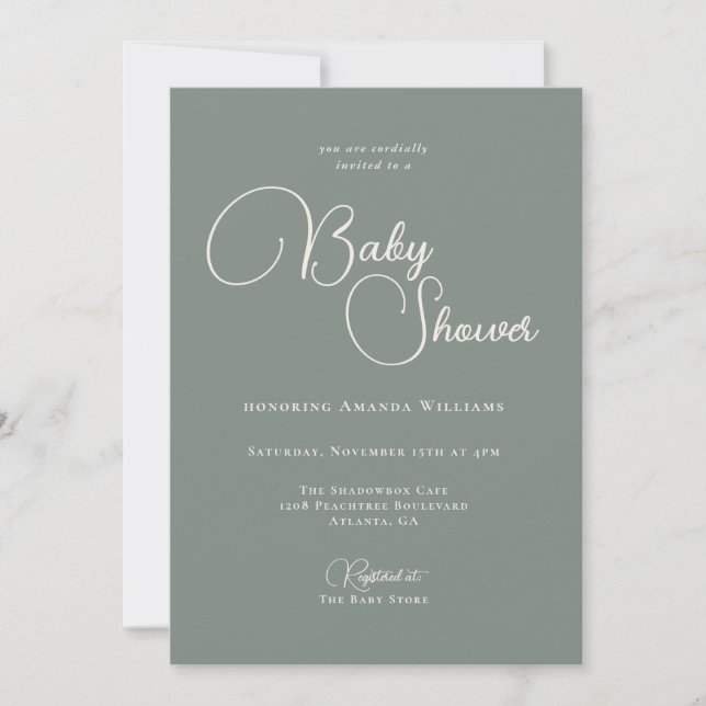 Invitación Sencillez moderna Baby Shower verde de sabia profu (Anverso)