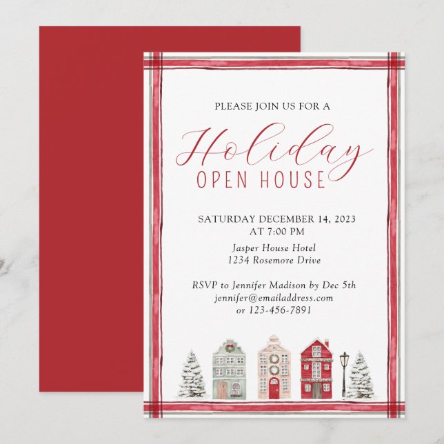 Invitación Sencillo acuarela Rusa Holiday Open House Red (Anverso / Reverso)