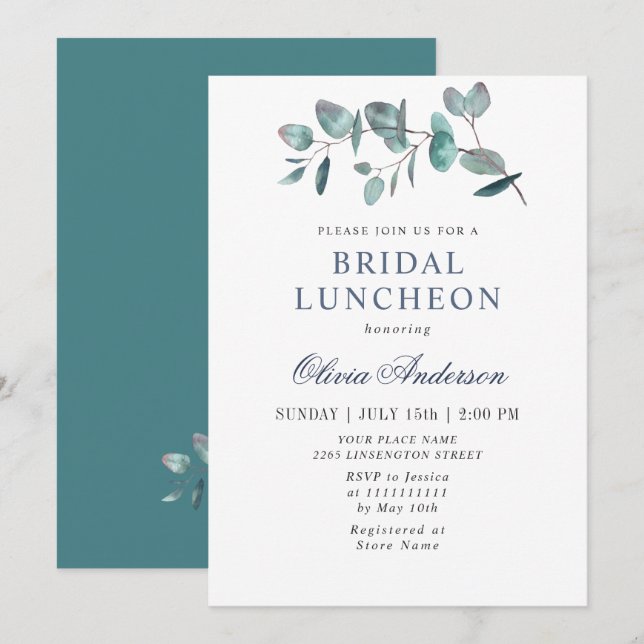 Invitación Sencillo Almuerzo Bridal de Eucalipto Elegante (Anverso / Reverso)