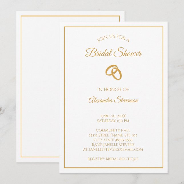 Invitación Sencillo anillo blanco y Boda dorado ducha de novi (Anverso / Reverso)