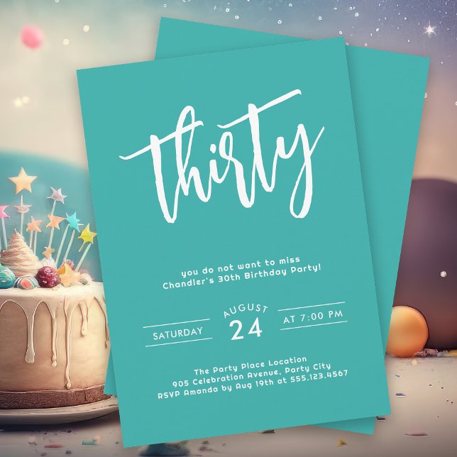 Invitación Sencillo Aqua Colorful 30 Aniversario Fiesta (Celebrate 30 with pizzazz with this vibrant aqua birthday party invitation.)