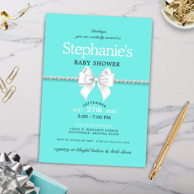 Invitación Sencillo Aqua Glam Tiffany Baby Shower (Elegant Teal Aqua Blue Girly Baby Shower Invitation with White Bow and Pearls)