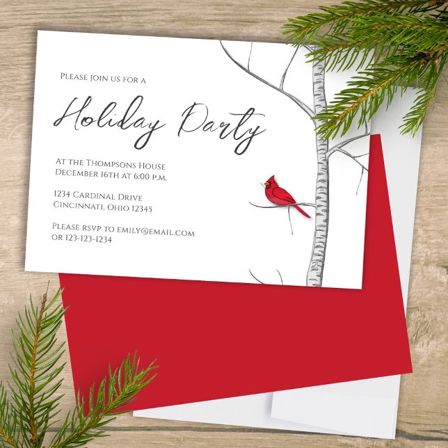 Invitación Sencillo árbol Birch, cardenal rojo de invierno de (Simple Holiday Party invitation with a winter woodland red cardinal bird.)