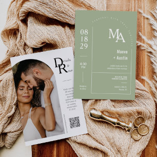 Invitación Sencillo Arco Mínimo Verde Polvo Código QR