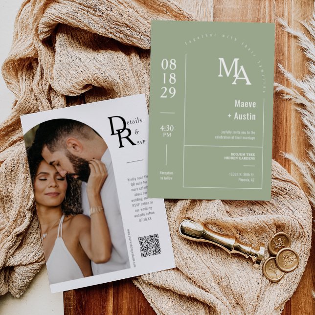 Invitación Sencillo Arco Mínimo Verde Polvo Código QR (Subido por el creador)