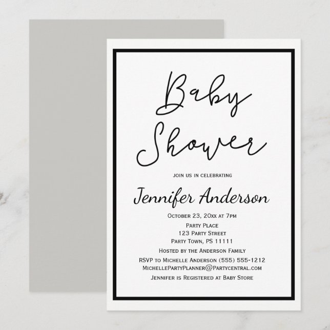Invitación Sencillo Baby Shower blanco negro neutro en género (Anverso / Reverso)