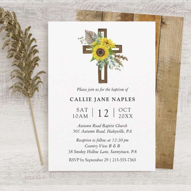Invitación Sencillo Baptismo de la cruz de madera de girasol  (Subido por el creador)