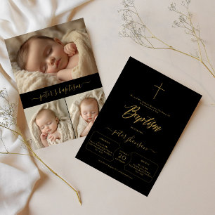 Invitación Sencillo bautismo de foto neutro de género negro y