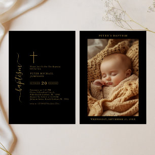 Invitación Sencillo bautismo de foto neutro de género negro y