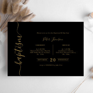 Invitación Sencillo bautismo negro y dorado género neutro