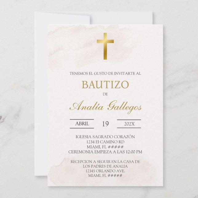 Invitación Sencillo bautizo español beige (Anverso)