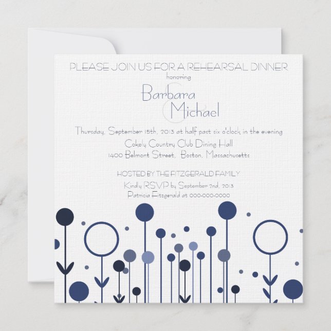 Invitación Sencillo Blue Floral Dot Moderno Ensayo Cena (Anverso)