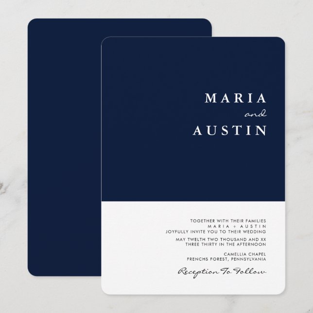 Invitación Sencillo Boda blanco azul de media marina Minimali (Anverso / Reverso)