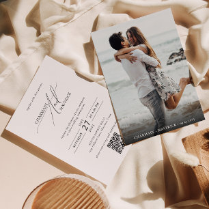 Invitación Sencillo Boda de código QR de fotos en blanco y ne