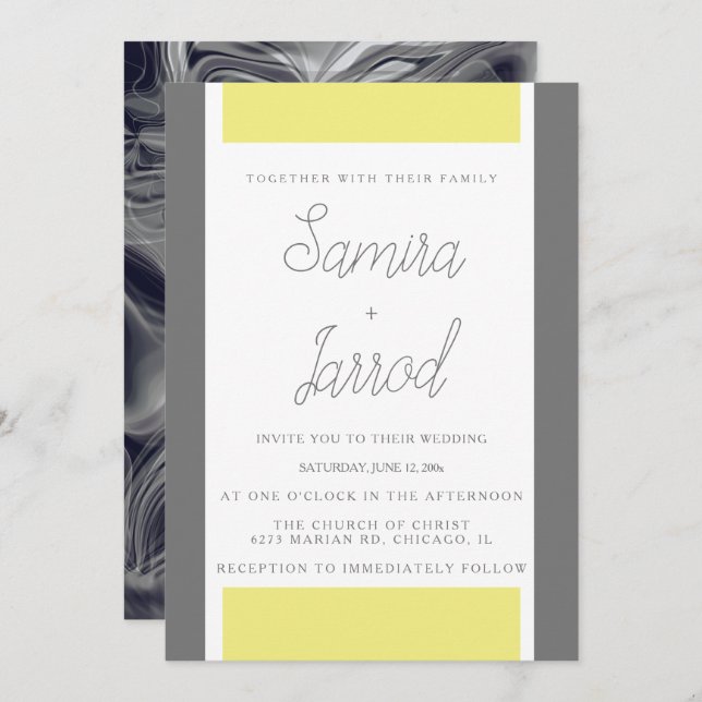 Invitación Sencillo Boda de mármol amarillo y gris abstracto (Anverso / Reverso)