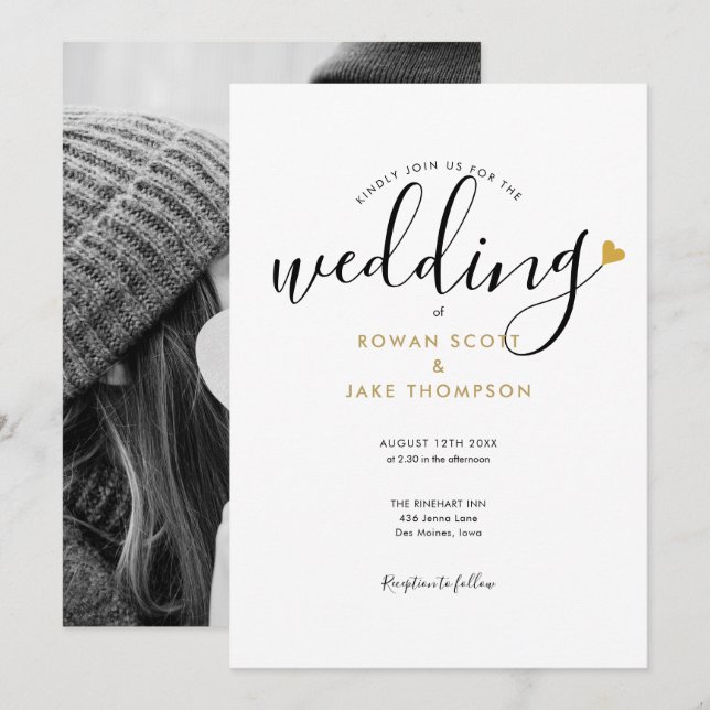 Invitación Sencillo Boda elegante de fotos de oro con guión e (Anverso / Reverso)