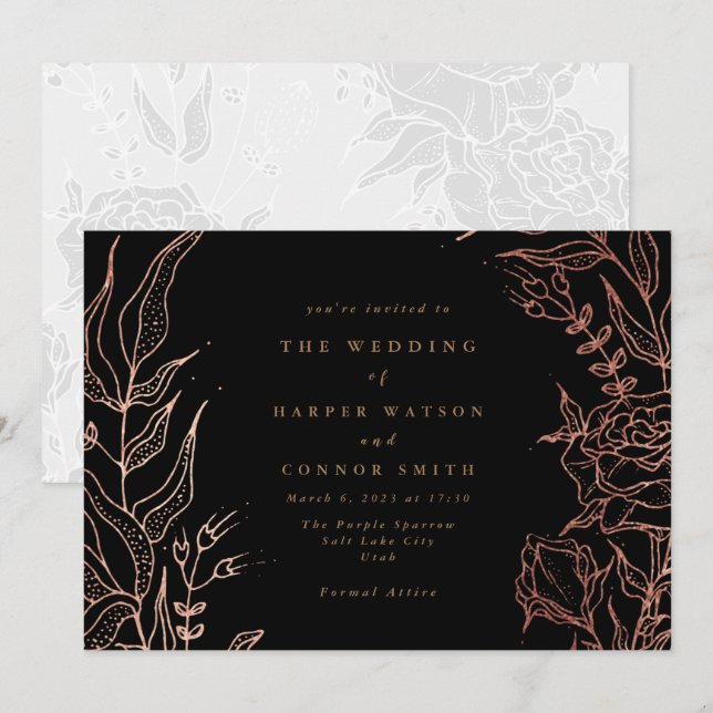 Invitación Sencillo Boda floral elegante de cobre de oro negr (Anverso / Reverso)
