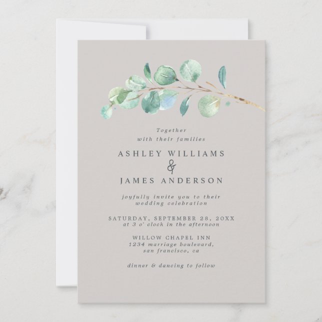 Invitación Sencillo Boda gris pastel de la vegetación (Anverso)