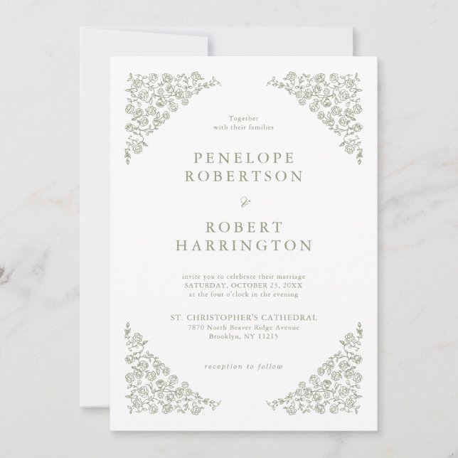 Invitación Sencillo Boda Verde Floral Timeless Floral (Anverso)