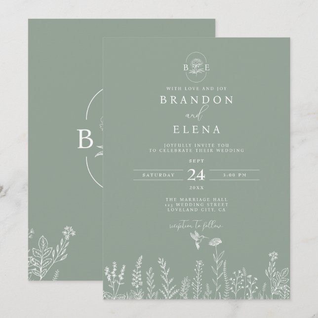 Invitación Sencillo Boda Verde Sage Botánico Floral (Anverso / Reverso)