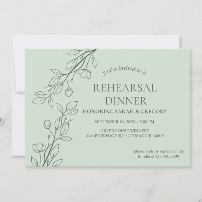 Invitación Sencillo Boho Floral Sage Ensayo Verde Cena (Anverso)