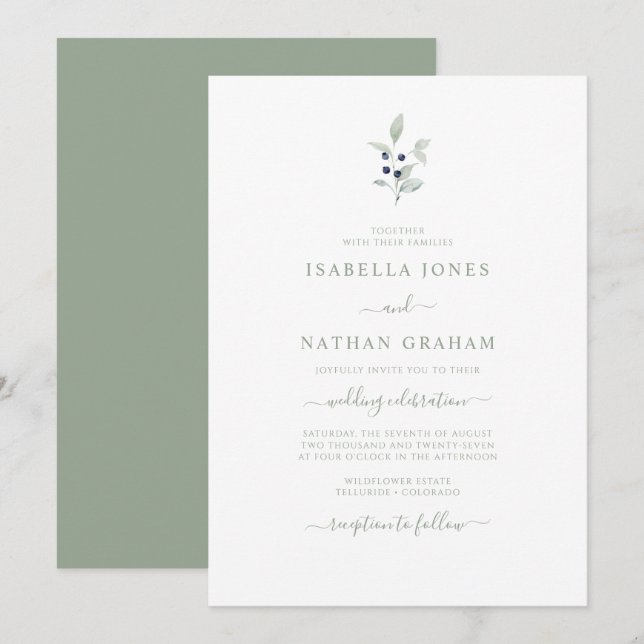 Invitación Sencillo Chic Aquarela Verde Sabio Naval Botánico  (Anverso / Reverso)