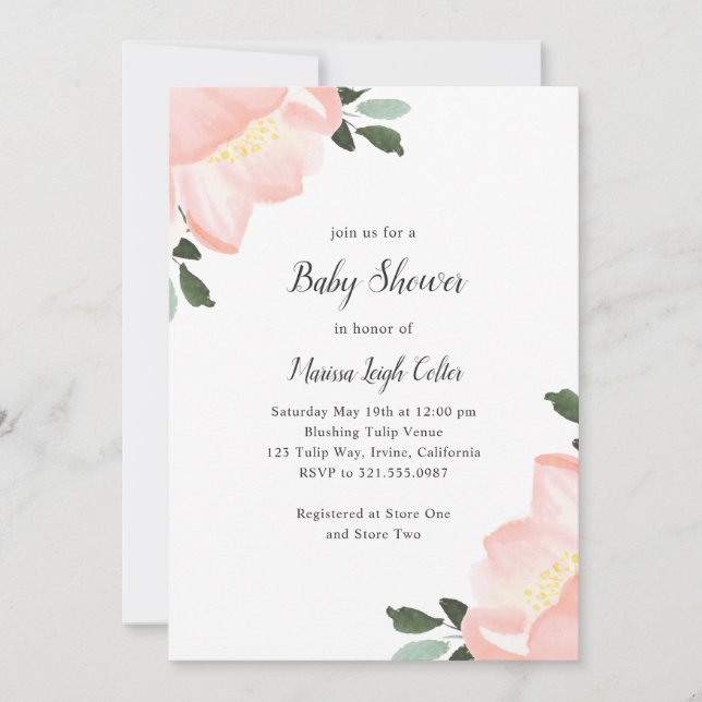 Invitación Sencillo Chica floral Rubor rosa Baby Shower (Anverso)