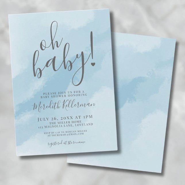 Invitación Sencillo color de agua azul Oh Baby Shower (Simple Elegant Watercolor Blue Baby Shower Invitation)